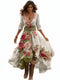 Women's V-Neck Floral Print Midi Dress with Asymmetrical Hem